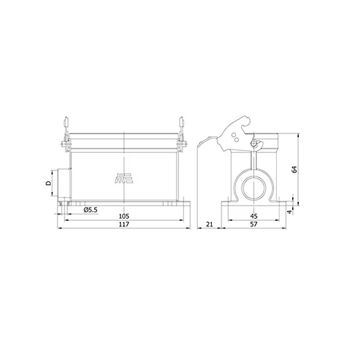 4/2x80/16A. ÇOKLU DUVAR PRİZİ (TEK METAL MANDALLI) teknik çizim