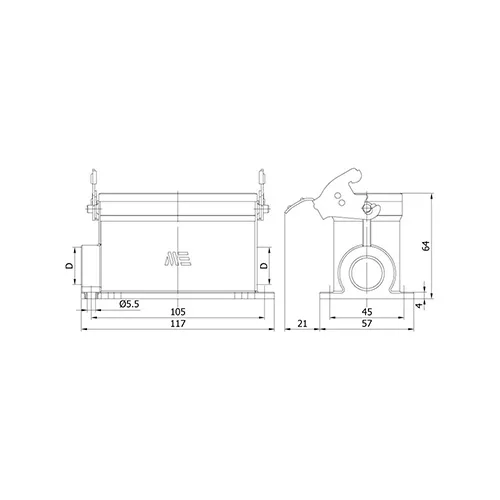 4/2x80/16A. DUVAR PRİZ ÇİFT GİRİŞ (TEK METAL MANDAL) teknik çizim