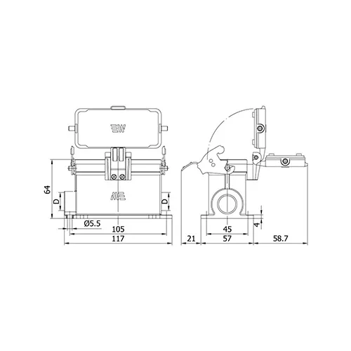 4/2x80/16A. ÇOKLUDUVAR FİŞ ÇİFT GRŞ(T.METAL MANDALLI MENTEŞELİKA) teknik çizim